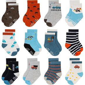 جوارب Eocom Baby Boys Grips للأطفال الصغار والرضع غير قابلة للانزلاق ومضادة للانزلاق جوارب قطنية للهدايا 12 زوجًا