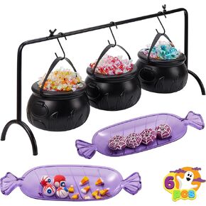 JOYIN 3 Witches Cauldron Serving Bowls, 2 Purple Candy Discs, a Black Metal Shelf with 3 Hooks, 6 PCS Halloween Party Decoration Set Black Plastic Candy Bucket Cauldron Bowls