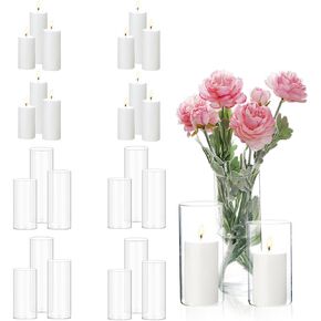 24 Pcs White Pillar Candles and Glass Candle Holders, Clear Cylinder Vases Pillar Candle Holders for Pillar Candles, Hurricane Candle Set for Wedding Party, Event, Home Office Decor in Saudi Arabia