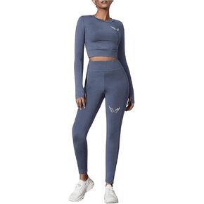 SweatyRocks Women's 2 Piece Workout Sets Long Sleeve Cropped Tops with High Waisted Yoga Leggings Matching Sport Sets