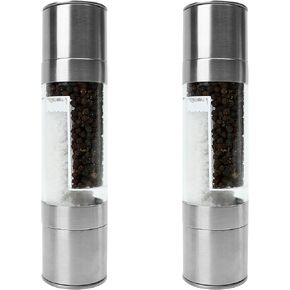 2PCS 2 in 1 Salt and Pepper Grinder Adjustable Coarseness Stainless Steel Mill for Kitchen, Outdoor Barbecue Dual Rotor Combo, Manual Herb Spice Shaker, Refillable Clear Acrylic Chamber All-in-One