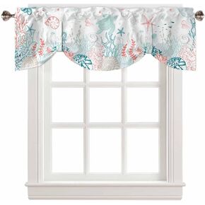 Summer Ocean Tie Up Valance Curtain for Kitchen Living Room Bedroom Bathroom Cafe, Rod Pocket Small Short Window Drape Panel Adjustable Drapary Print, Sea Turtle Coral Seaweed Shell Starfish 60"x18"