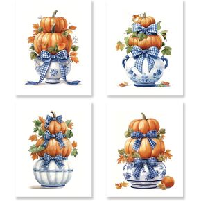 KSDUT Chinoiserie Pumpkin Wall Art Decor Set of 4 - Autumn Fall Coquette Artwork Poster Blue Flower Bows Wall Decor for Grandmillennial Home Bedroom Decorations - 8"x10" Unframed
