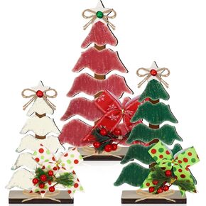 3 Pcs Wooden Christmas Tree Tabletop Decorations Christmas Centerpieces for Table Rustic Xmas Tiered Tray Decor Christmas Table Sign Freestanding with Hemp Rope Bow Bell for Holiday Party