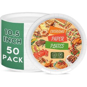 Paper Plates 10 inch Bulk 50 Count, Heavy Duty Sturdy Large Disposable Plates, Eco-Friendly Virgin Pulp Plates for Party,Dinner& Daily Use, Cut & Soak Proof Coated Paper Plates, White
