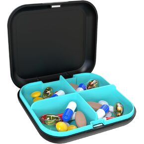 Pill box portable pill dispensing box, travel portable pill box, 4-compartment daily portable pill organizer, suitable for vitamins, medicines, fish oil (White+Cyan)