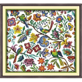 CaptainCrafts Cross Stitch Kits, New Stamped and Counted Fabric Cross Stitching DIY Art DMC Needlecrafts Embroidery Kit for Adults Beginner (Stamped, Birds' Twitter and Fragrance of Flowers)