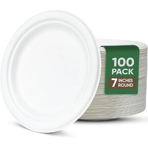 White Paper Plates, 7 Inch Paper Plates, 100 Pack Paper Plates Disposable Plates – 100% Compostable Plates, Water & Oil Proof Small Paper Plates, Microwavable Dessert Plates