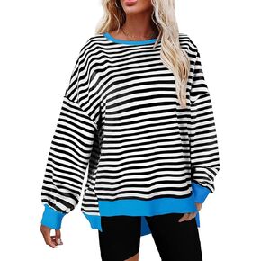 Cestyle Womens Striped Color Block Oversized Sweatshirt Long Sleeve Crewneck Shirts 2024 Fall Top Y2K Trendy Sweatshirts