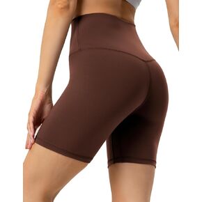 YUNOGA Women's High Waisted Yoga Short 6" Inseam Athletic Workout Biker Shorts (L, Brown Stone)