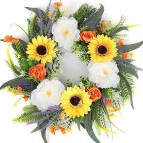 LIEKE 22" Front Door Wreath Spring Summer Wreath Fall Decor Wreath for Front Door Porch Wall Window,Sunflower Peony Eucalyptus Artificial Flower Wreath for Home Farmhouse for All Season