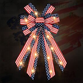 ABTOLS Large LED Patriotic Wreath Bows for Front Door, Labor Day Red Blue White Stars and Stripes Bows for Wreath American Flag Bows for Indoor Outdoor Labor Day Party Door Wall Fence Decor