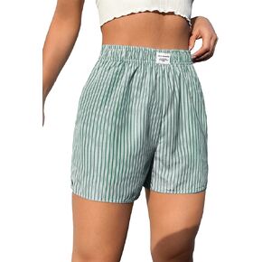 Women's Striped Boxer Shorts Elastic High Waisted Summer Straight Leg Shorts