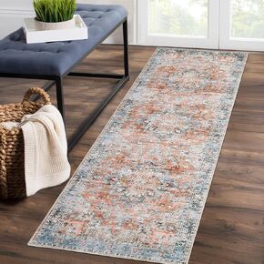 9x12 Area Rug Vintage Distressed Large Area Rug Machine Washable Rug for Living Room, Non-Slip Stain Resistant Accent Rug Oriental Medallion Floor Cover Carpet for Bedroom, Teal/Brown
