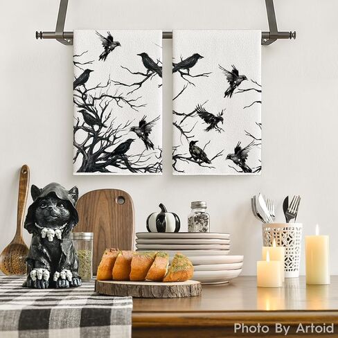 Artoid وضع فروع شجرة صورة ظلية الغربان هالوين مناشف المطبخ مناشف الأطباق، 18x26 بوصة الديكور الموسمي مناشف اليد مجموعة من 2 in Saudi Arabia
