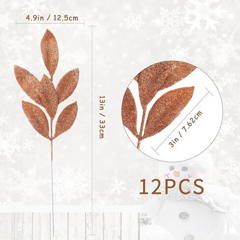 GREENTIME 12 Pack Artificial Silver Glitter Leaves 13" Fake Christmas Picks Decorative Glitter Sticks for Vase Christmas Tree DIY Wreath Crafts Fireplace Decor in Kuwait