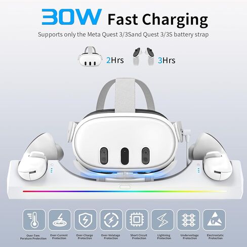 قاعدة شحن Catlyn for Meta Quest 3: ملحقات ROG الملونة للأضواء Quest 3 للشحن السريع بقدرة 30 وات - حامل شحن لوحدة التحكم Oculus Quest 3 وسماعة الرأس ومحطة الشحن المغناطيسية Quest 3 (أبيض) in Kuwait
