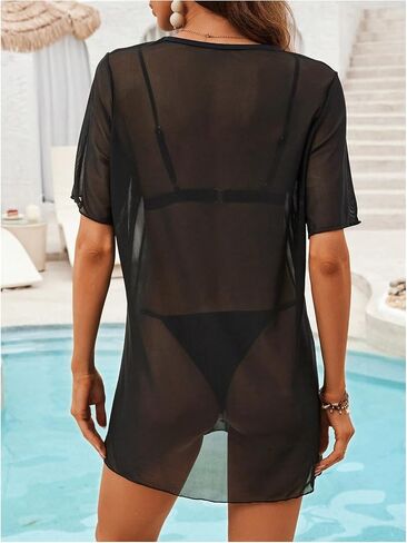 MakeMeChic Women's Sheer Mesh Swimsuit Cover Up See Through V Neck Short Sleeve Beach Dress in Saudi Arabia