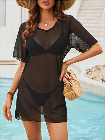MakeMeChic Women's Sheer Mesh Swimsuit Cover Up See Through V Neck Short Sleeve Beach Dress in Saudi Arabia
