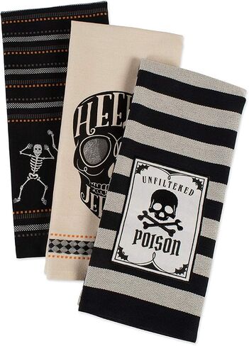 DII Happy Halloween Dishtowel Collection Embellished Cotton Kitchen Hand Towel Set, 18x28, Skeleton, 3 Count in Saudi Arabia