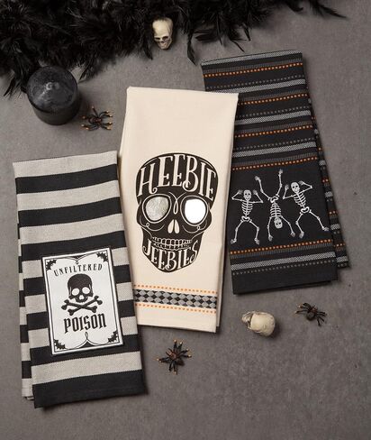 DII Happy Halloween Dishtowel Collection Embellished Cotton Kitchen Hand Towel Set, 18x28, Skeleton, 3 Count in Saudi Arabia