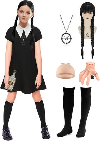 Girls Dress Costume Kids Black Dress with Socks Necklace Short Sleeve Casual Dress Halloween Costumes in Kuwait
