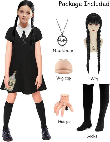 Girls Dress Costume Kids Black Dress with Socks Necklace Short Sleeve Casual Dress Halloween Costumes in Kuwait