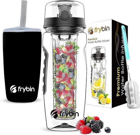 Fruit Infuser Water Bottle | Removable Infusion Basket for Flavor | Bonus Brush and Sleeve for Freshness | Made of Durable TRITAN Plastic | BPA Free Water Infuser Bottle, 32 Ounce (Black) in Saudi Arabia