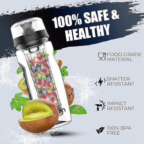Fruit Infuser Water Bottle | Removable Infusion Basket for Flavor | Bonus Brush and Sleeve for Freshness | Made of Durable TRITAN Plastic | BPA Free Water Infuser Bottle, 32 Ounce (Black) in Saudi Arabia