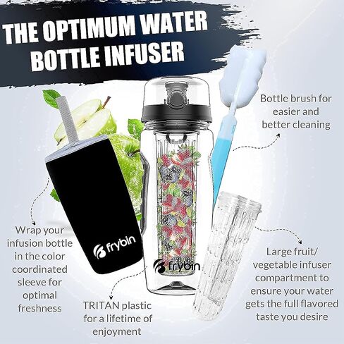 Fruit Infuser Water Bottle | Removable Infusion Basket for Flavor | Bonus Brush and Sleeve for Freshness | Made of Durable TRITAN Plastic | BPA Free Water Infuser Bottle, 32 Ounce (Black) in Saudi Arabia