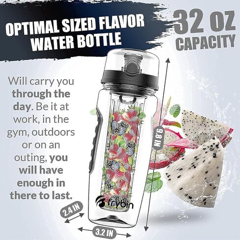 Fruit Infuser Water Bottle | Removable Infusion Basket for Flavor | Bonus Brush and Sleeve for Freshness | Made of Durable TRITAN Plastic | BPA Free Water Infuser Bottle, 32 Ounce (Black) in Saudi Arabia