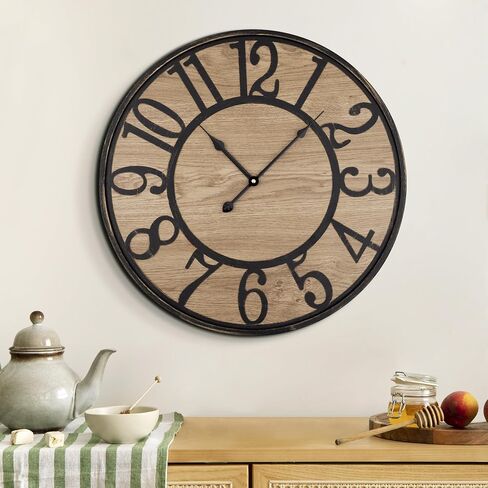 Maxstar Large Wall Clock Silent Bronze Rustic Farmhouse Metal & Wood Clocks with Arabic Numeral, Battery Operated Wall Clocks Decorative for Living Room Bedroom Office Home Decor 24inch in Saudi Arabia