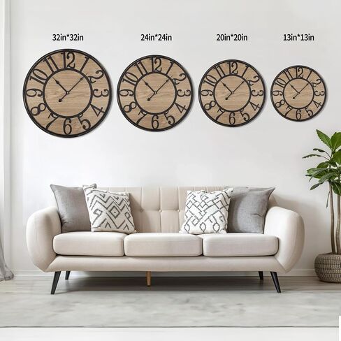 Maxstar Large Wall Clock Silent Bronze Rustic Farmhouse Metal & Wood Clocks with Arabic Numeral, Battery Operated Wall Clocks Decorative for Living Room Bedroom Office Home Decor 24inch in Saudi Arabia