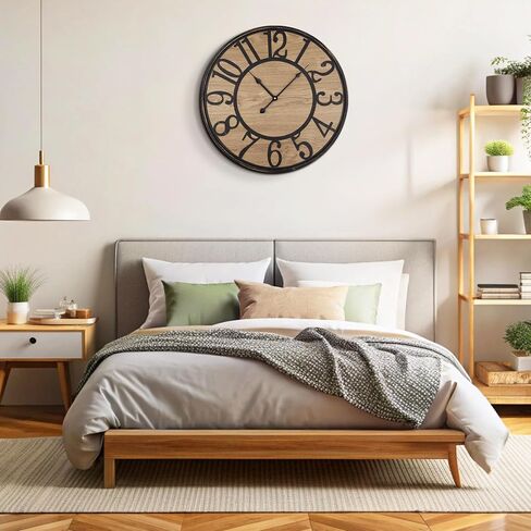 Maxstar Large Wall Clock Silent Bronze Rustic Farmhouse Metal & Wood Clocks with Arabic Numeral, Battery Operated Wall Clocks Decorative for Living Room Bedroom Office Home Decor 24inch in Saudi Arabia