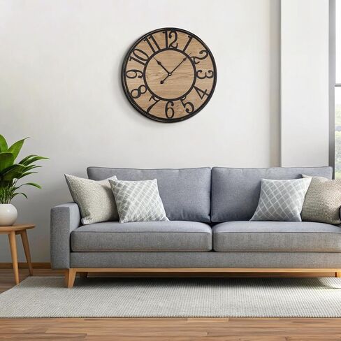 Maxstar Large Wall Clock Silent Bronze Rustic Farmhouse Metal & Wood Clocks with Arabic Numeral, Battery Operated Wall Clocks Decorative for Living Room Bedroom Office Home Decor 24inch in Saudi Arabia