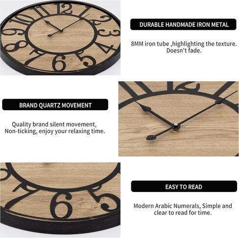 Maxstar Large Wall Clock Silent Bronze Rustic Farmhouse Metal & Wood Clocks with Arabic Numeral, Battery Operated Wall Clocks Decorative for Living Room Bedroom Office Home Decor 24inch in Saudi Arabia