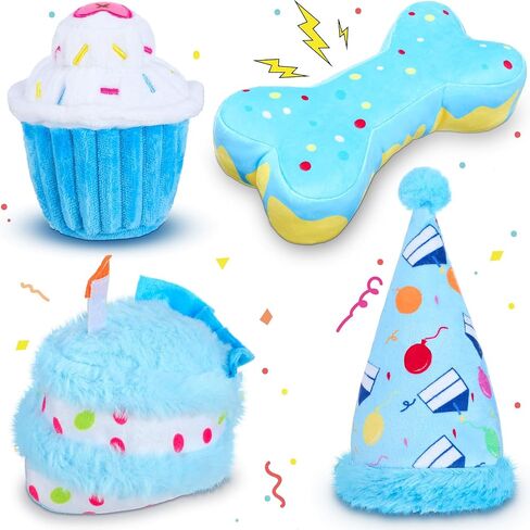 4 Pcs Dog Birthday Toys Set Plush Squeaky Dog Toys Birthday Gift for Dogs Boys and Girls Stuffed Chew Toys for Small Medium Large Dogs Birthday Party in Saudi Arabia