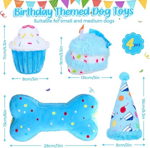 4 Pcs Dog Birthday Toys Set Plush Squeaky Dog Toys Birthday Gift for Dogs Boys and Girls Stuffed Chew Toys for Small Medium Large Dogs Birthday Party in Saudi Arabia