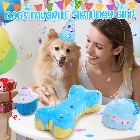 4 Pcs Dog Birthday Toys Set Plush Squeaky Dog Toys Birthday Gift for Dogs Boys and Girls Stuffed Chew Toys for Small Medium Large Dogs Birthday Party in Saudi Arabia