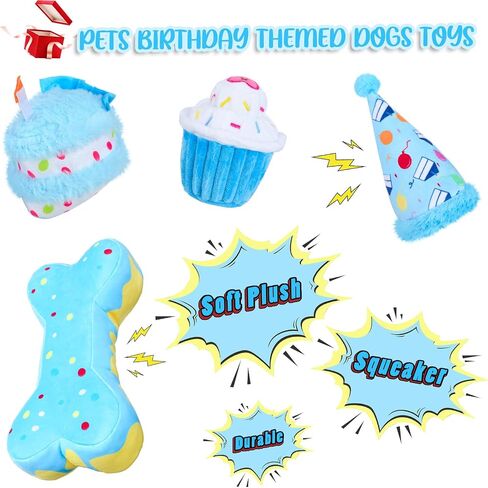 4 Pcs Dog Birthday Toys Set Plush Squeaky Dog Toys Birthday Gift for Dogs Boys and Girls Stuffed Chew Toys for Small Medium Large Dogs Birthday Party in Saudi Arabia
