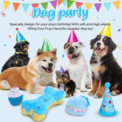 4 Pcs Dog Birthday Toys Set Plush Squeaky Dog Toys Birthday Gift for Dogs Boys and Girls Stuffed Chew Toys for Small Medium Large Dogs Birthday Party in Saudi Arabia