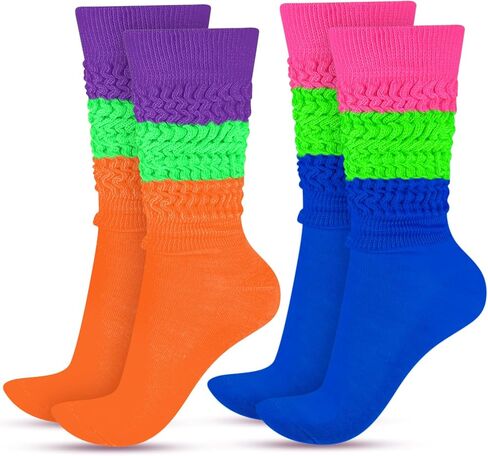 2 Pairs 80s Neon Women's Extra Long Heavy Slouch Socks Extra Tall Heavy Socks Thick Scrunchie Socks Size 9 to 10 in Saudi Arabia