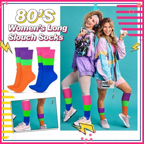 2 Pairs 80s Neon Women's Extra Long Heavy Slouch Socks Extra Tall Heavy Socks Thick Scrunchie Socks Size 9 to 10 in Saudi Arabia