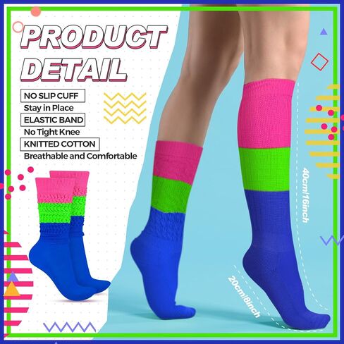 2 Pairs 80s Neon Women's Extra Long Heavy Slouch Socks Extra Tall Heavy Socks Thick Scrunchie Socks Size 9 to 10 in Saudi Arabia