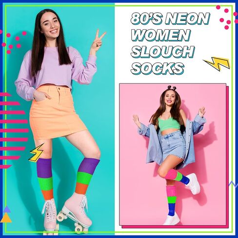 2 Pairs 80s Neon Women's Extra Long Heavy Slouch Socks Extra Tall Heavy Socks Thick Scrunchie Socks Size 9 to 10 in Saudi Arabia