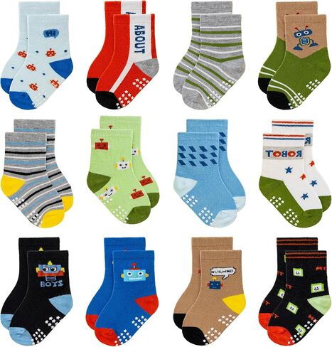 Eocom Baby Boys Grips Socks Kids Toddlers Infants Non Skid Anti Slip Crew Cotton Gifts Socks 12 Pairs in Saudi Arabia