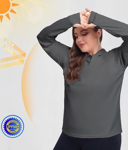 Inno Butter-Soft UPF 50+ قميص تجريب مقاس كبير للنساء بأكمام طويلة وقلنسوة سريع الجفاف للجري والمشي لمسافات طويلة والسفر، رمادي داكن 6X in Kuwait