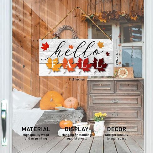 Hello Fall Wood Sign Decor, Fall Pumpkin Wall Decor for Home Porch Farmhouse Living Room Autumn Front Door Decorations Thanksgiving Harvest Hanging Sign Decor in Saudi Arabia