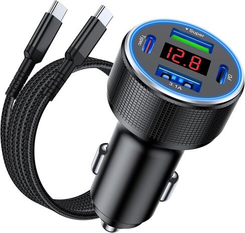 USB C Car Charger Adapter, 78W 4 Port Metal Fast Charging USB Car Charger with Voltmeter Dual USB C Car Phone Charger Type C Cigarette Lighter USB Charger for iPhone 15/14/13/12, Samsung Galaxy, iPad in Saudi Arabia