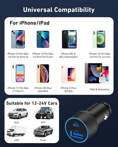 LUOSIKE iPhone Fast Car Charger, 2-Pack 38W PD/QC Dual Port Fast USB C Car Charger Power Cigarette Lighter Adapter + 2 X 3FT USB C to Lightning Cable for iPhone 14 13 12 11 Pro Max XS XR X 8 SE, iPad in Saudi Arabia